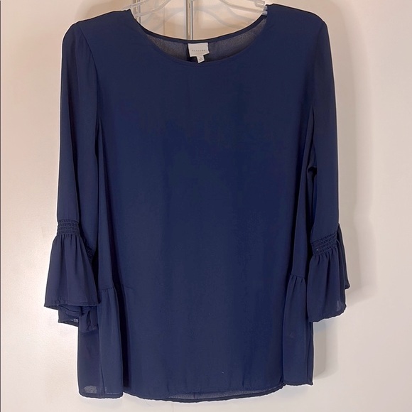 Pleione Tops - Pleione Blue Ruffled Bell Sleeve Blouse